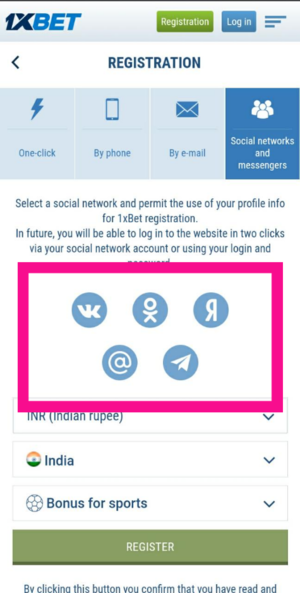1xbet register by social networks